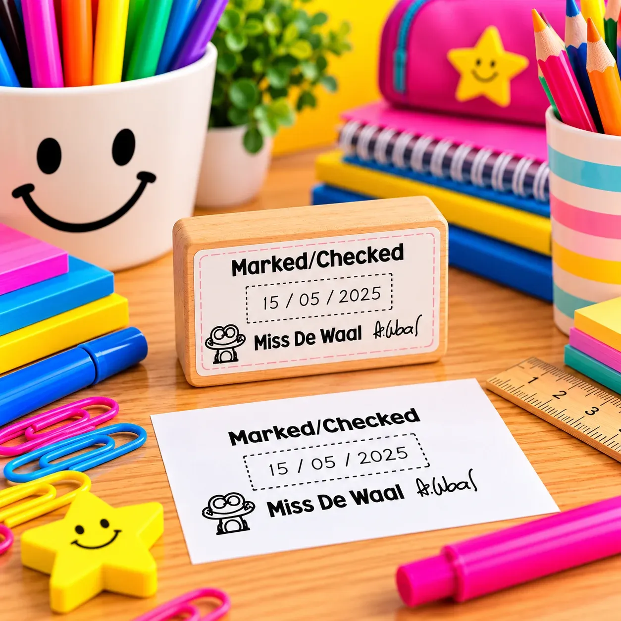 Teacher wooden block write in date Jozi Stamps webp
