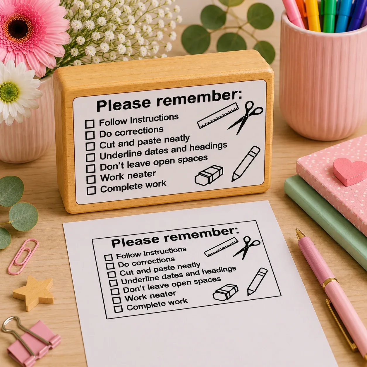 Wooden Teacher Checklist Stamp 80x40mm Jozi Stamps webp