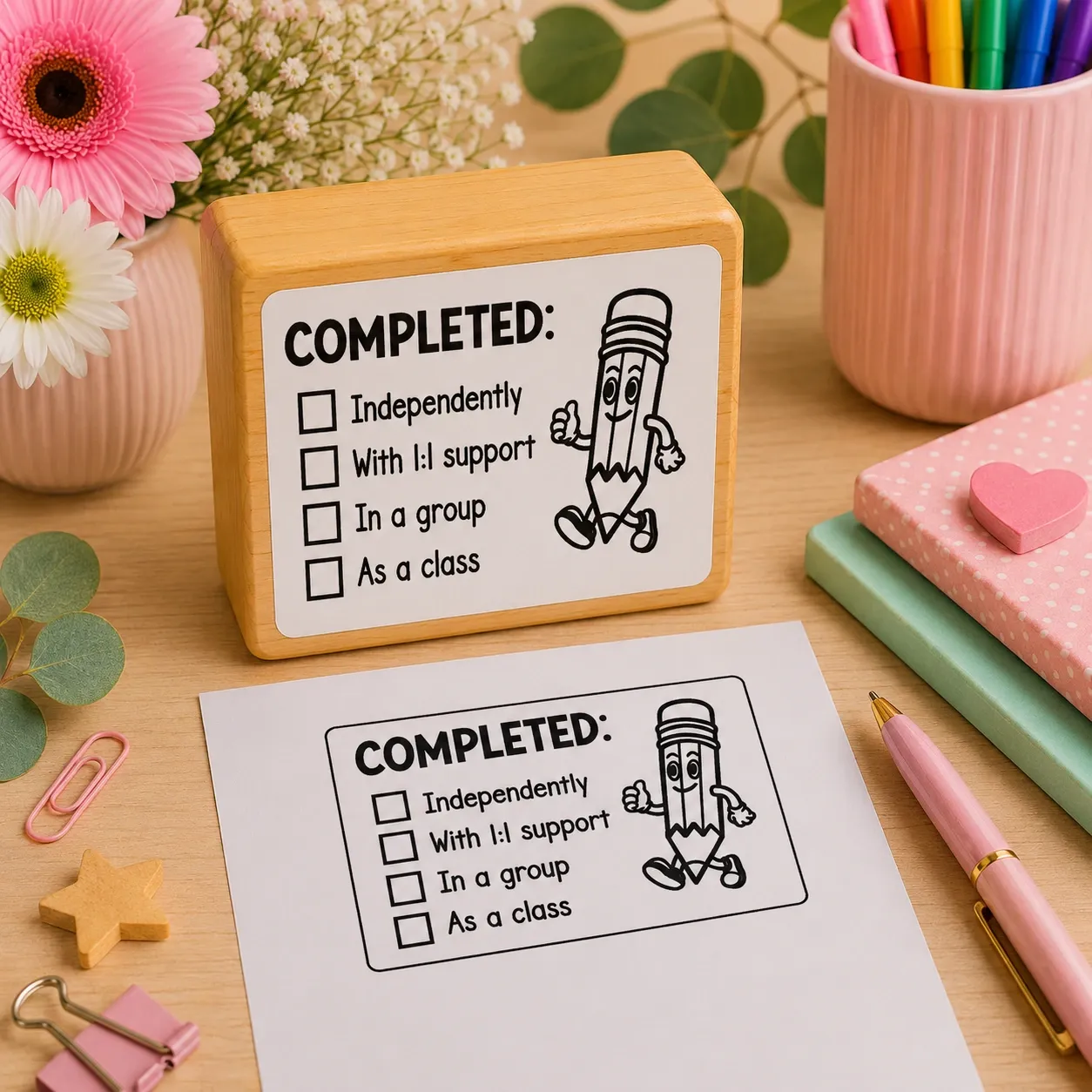 Wooden Teacher Checklist Stamp 60x40mm Jozi Stamps webp