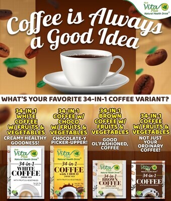 34-In-1 Black, Brown, White &amp; Choco Coffee Drink Mix With Fruits and Vegetables Booster Pack