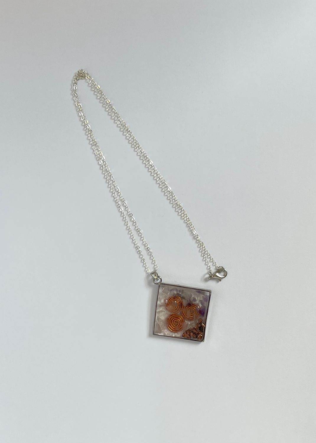 Clear Essence Orgonite Pendant- Resin Encased Clear Quartz, Amethyst and Copper Orgonite Large Diamond Shaped Pendant Necklace