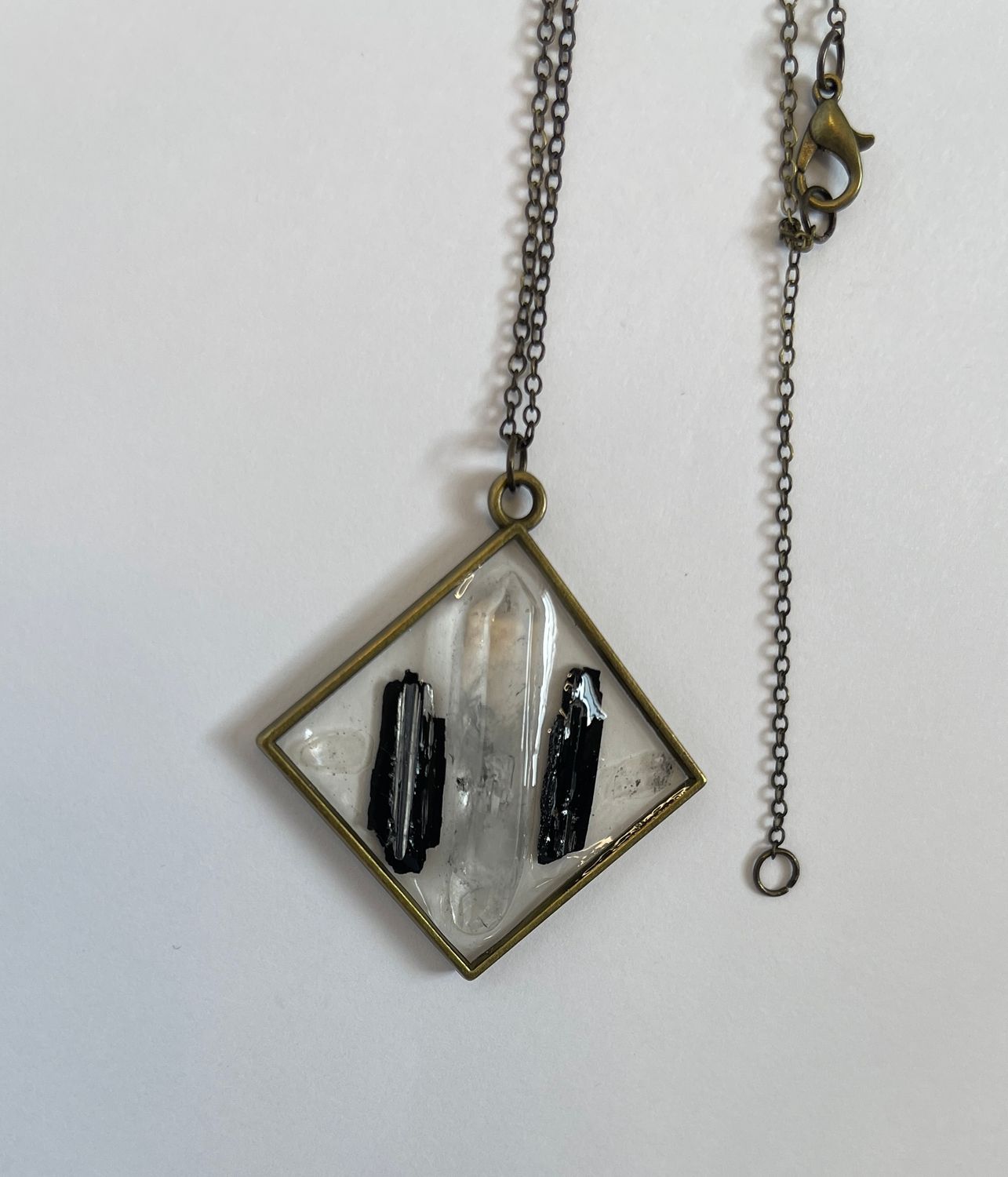 Guardian Clarity Necklace | Clear Quartz &amp; Black Tourmaline Crystal Pendant in Resin | Handmade Protective Energy Jewelry | Bronze Bezel Boho Necklace