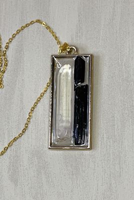 Guardian Clarity Rec Necklace | Clear Quartz &amp; Black Tourmaline Pendant | Resin Crystal Necklace | Bronze Bezel Healing Jewelry | Grounding &amp; Clarity