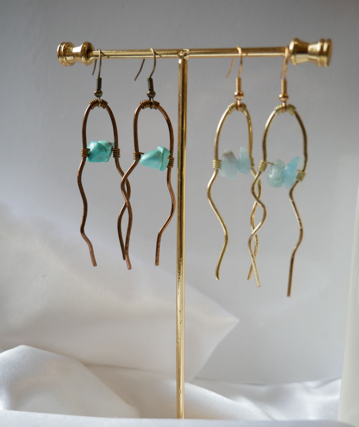 ​Celestial Wave Dangle Earrings | Hand-Forged Wavy Frame with Custom Crystal | Available in Gold, Silver, Brass &amp; Copper