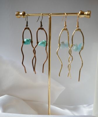 ​Celestial Wave Dangle Earrings | Hand-Forged Wavy Frame with Custom Crystal | Available in Gold, Silver, Brass &amp; Copper