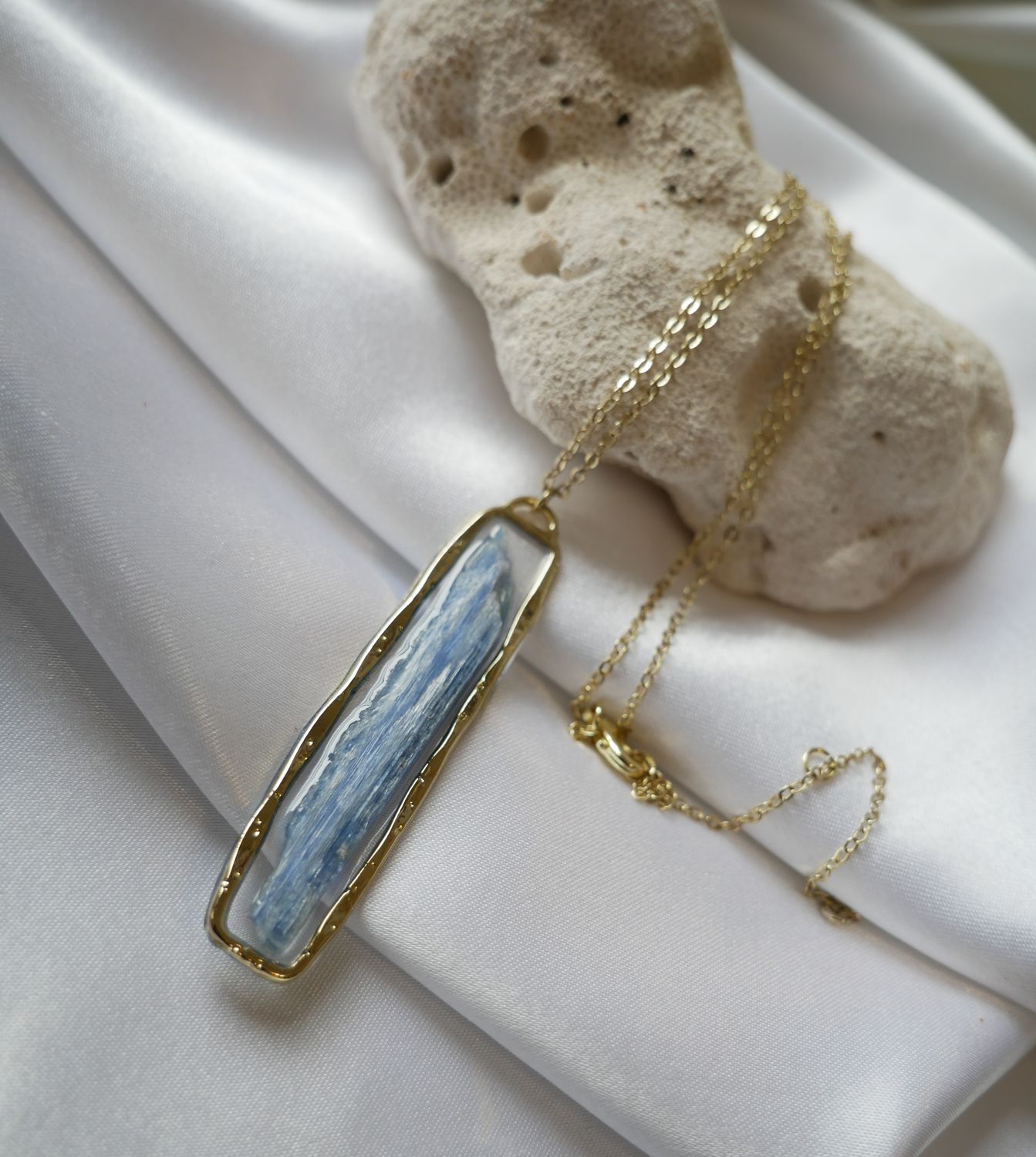 Stand Tall Necklace | Blue Kyanite Crystal Pendant | Clear Resin &amp; Gold Alloy Jewelry | Chakra Alignment &amp; Communication Energy | Empowering Gift