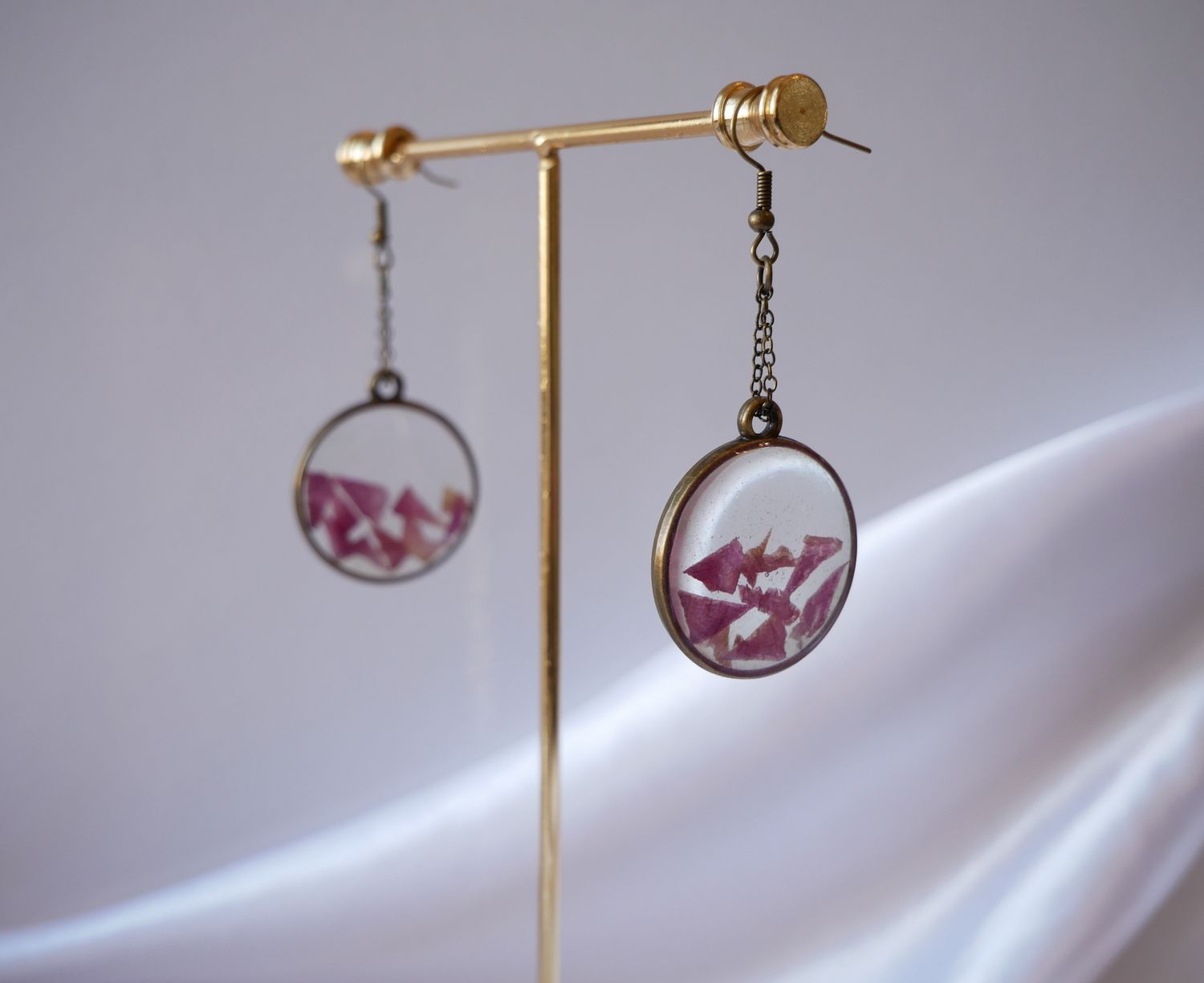 Draping Petals Earrings- Resin Encased Floral Earrings with Round Draping Bronze Bezels