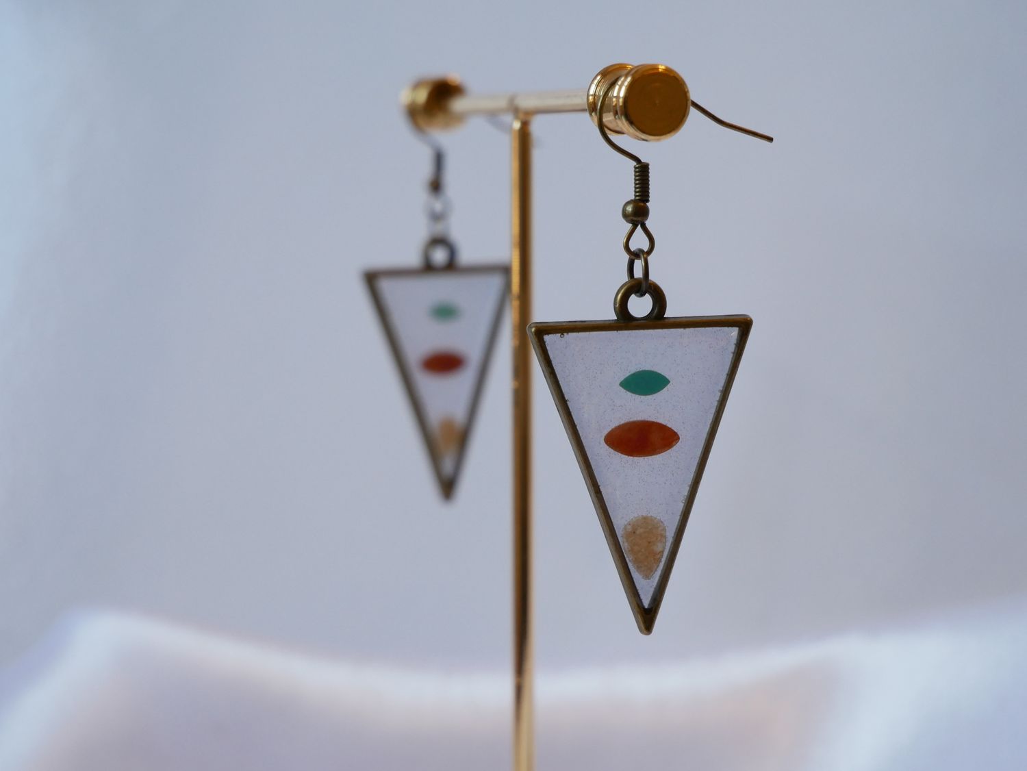 Geometric Gemstone Earrings-Resin Encased Gemstones Earrings with Triangular Bronze Bezels
