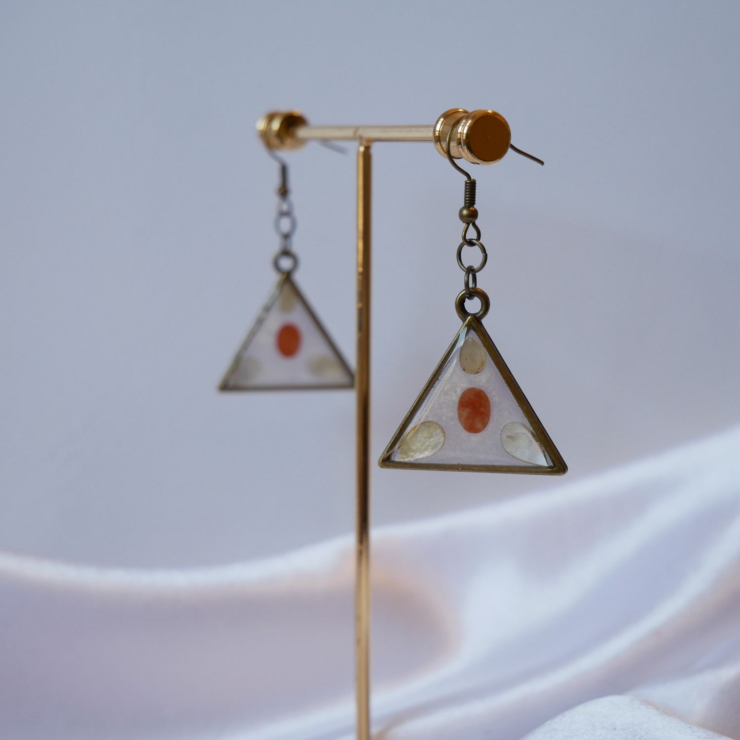 The Tri-Gemstone Earrings- Resin Encased Gemstones Earrings with Triangular Bronze Bezel