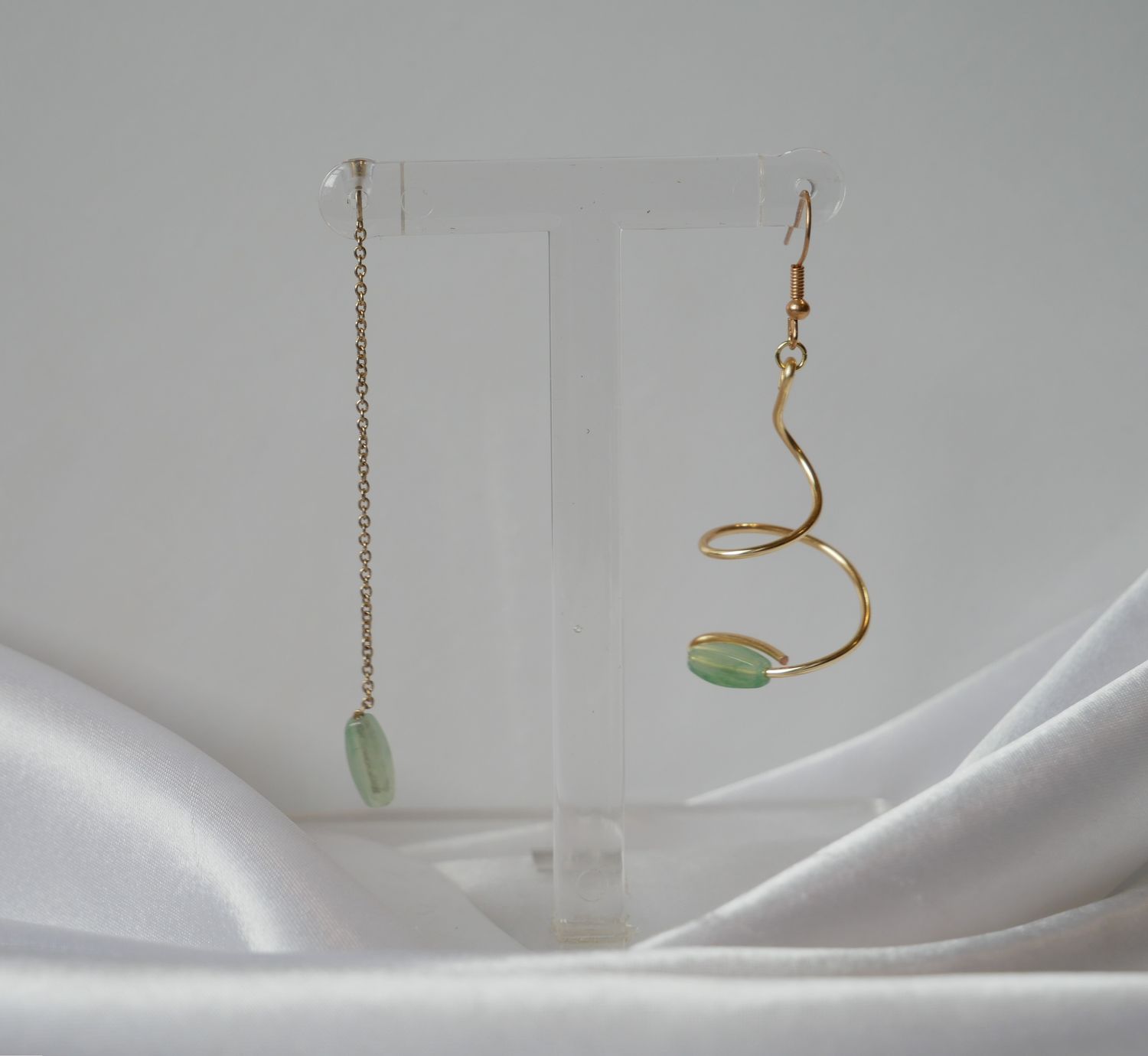 Golden Swirl Dangle Earrings | Green Resin &amp; Gold Spiral Design | Asymmetrical Statement Earrings | Artistic Boho Modern Style