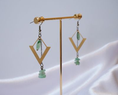 Verdant Harmony Geometric Earrings | Green Aventurine &amp; Brass Dangles | Nature-Inspired Jewelry | Boho Modern Statement | Calming Gift