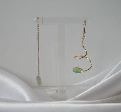 Golden Swirl Dangle Earrings | Green Resin &amp; Gold Spiral Design | Asymmetrical Statement Earrings | Artistic Boho Modern Style