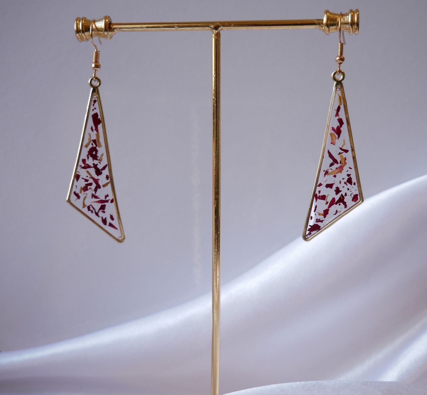Scarlet Bloom Resin Earrings | Real Red Dried Flowers in Resin | Gold Geometric Botanical Jewelry | Boho Statement Earrings | Handmade Floral Gift