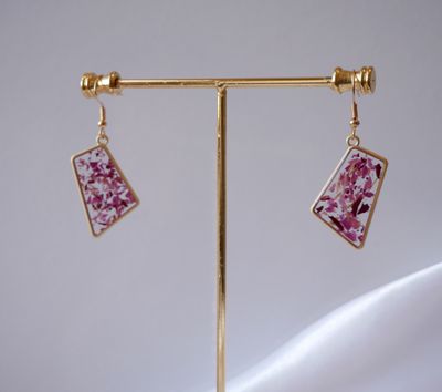 ​Love Petals Earrings | Pink Peony &amp; Red Carnation | Matte Gold Dangle Earrings | Real Flower Jewelry | Botanical Resin Earrings | Gift for Her