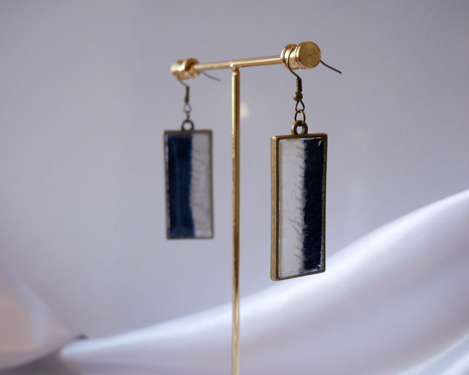 Indigo Canvas | Denim &amp; Textured Paint Resin Earrings | Rectangular Bronze Bezel Dangle Earrings | Wearable Art | Handmade Statement Jewelry