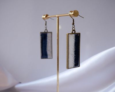 Indigo Canvas | Denim &amp; Textured Paint Resin Earrings | Rectangular Bronze Bezel Dangle Earrings | Wearable Art | Handmade Statement Jewelry