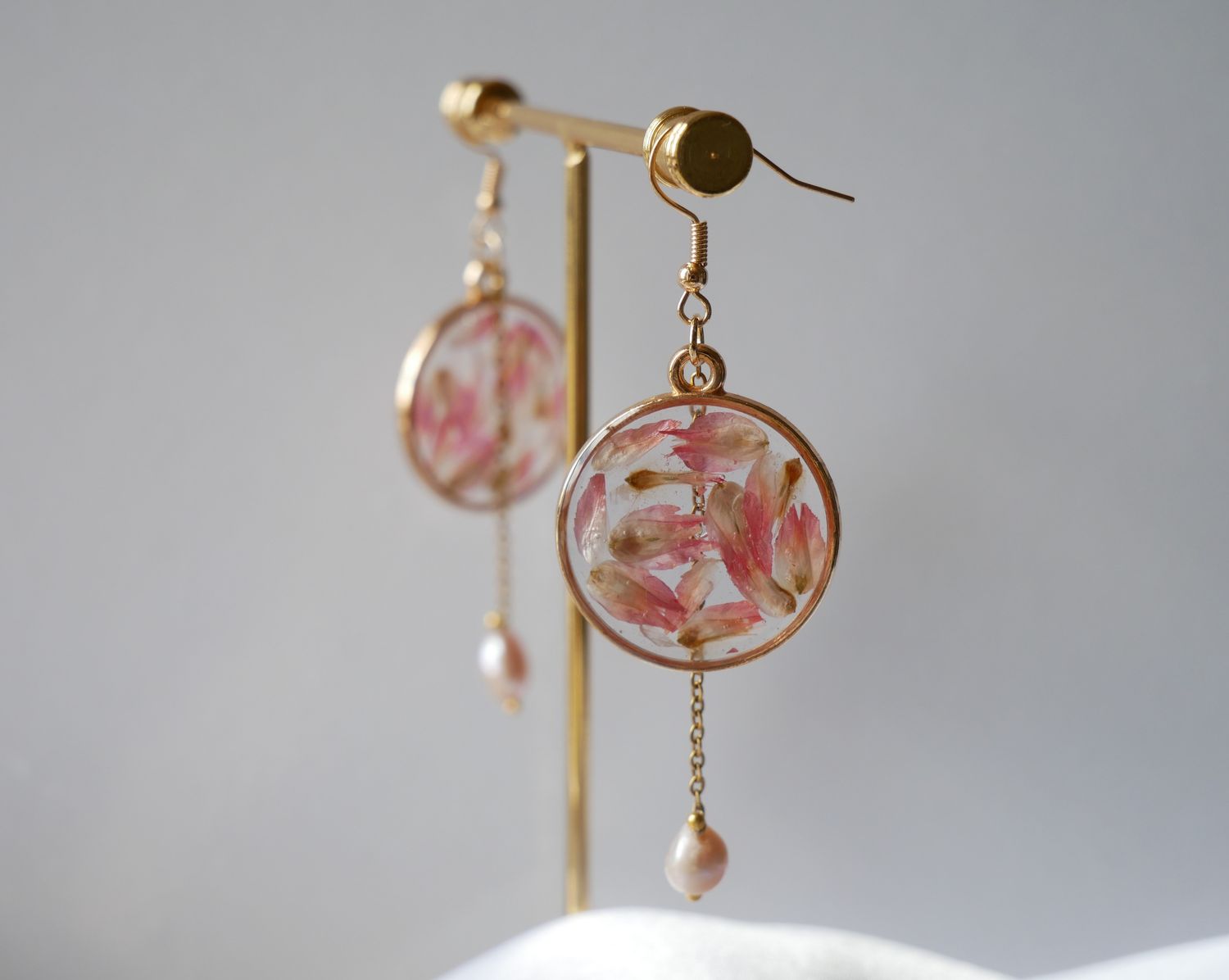 Pink Dreams – Handmade Pink Petal Earrings with Water Pearl Drop in Gold Circle Resin | Romantic Boho Floral Jewelry