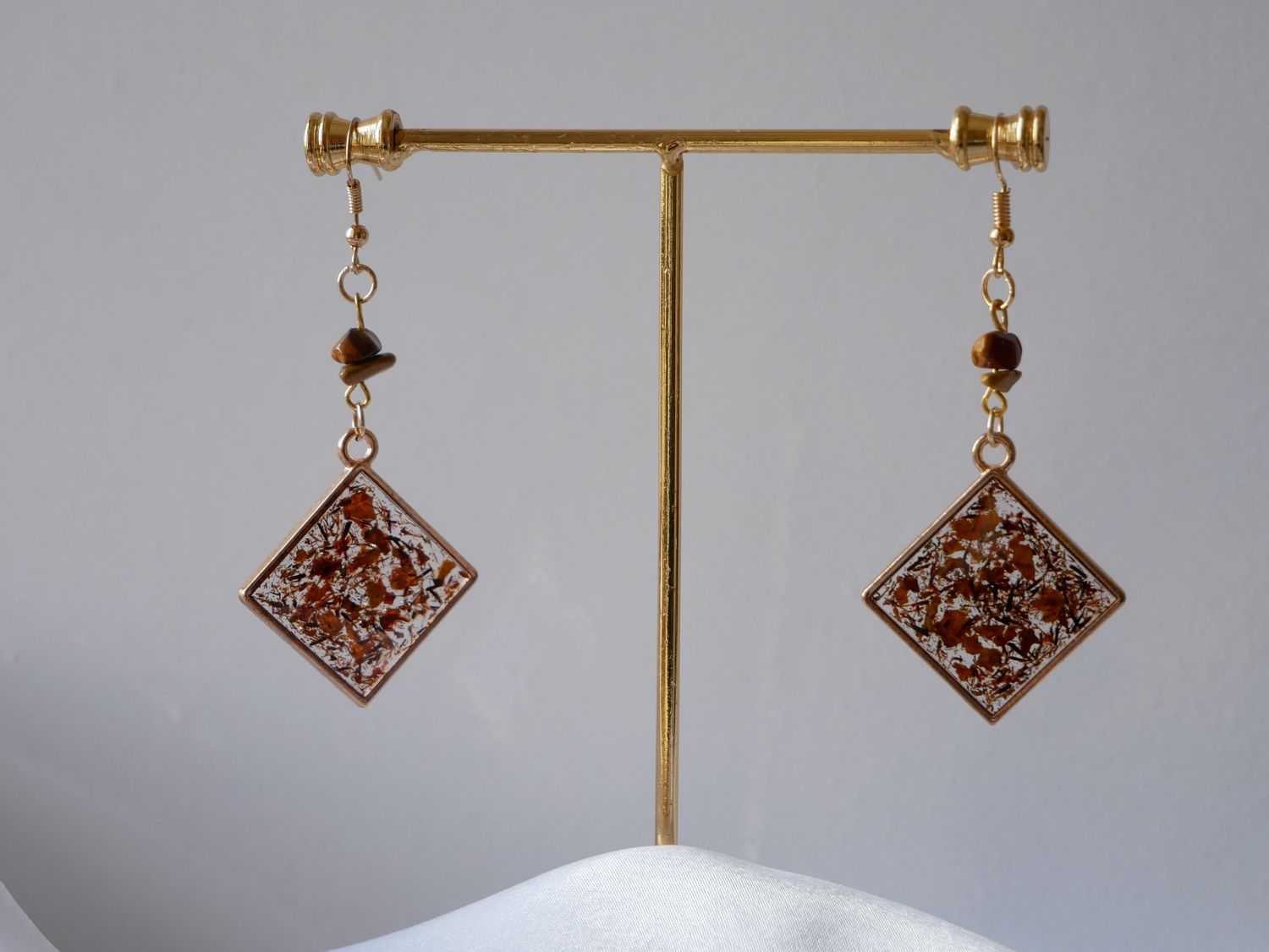 Sienna Sunsets – Burnt Sienna Floral Resin Earrings with Tiger’s Eye Crystals | Handmade Boho Fall Earrings | Earthy Natural Jewelry
