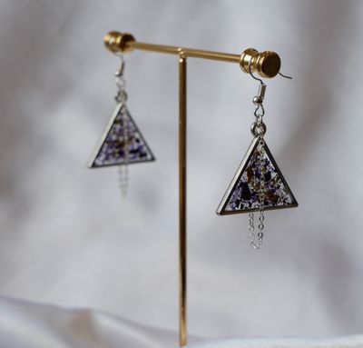 Sweet Pea Triangles | Dried Flower Earrings | Silver Triangle Boho Jewelry | Real Sweet Pea Petals | Handmade Botanical Gift for Her