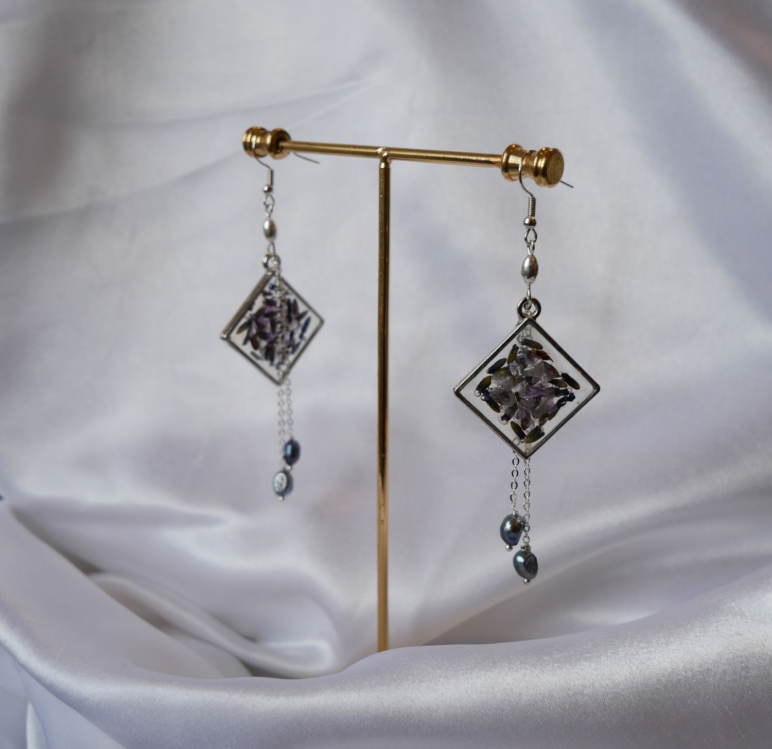 Lavender Aura Drops | Amethyst &amp; Lavender Dangle Earrings | Real Flower &amp; Crystal Jewelry | Silver Boho Earrings | Handmade Gift for Her