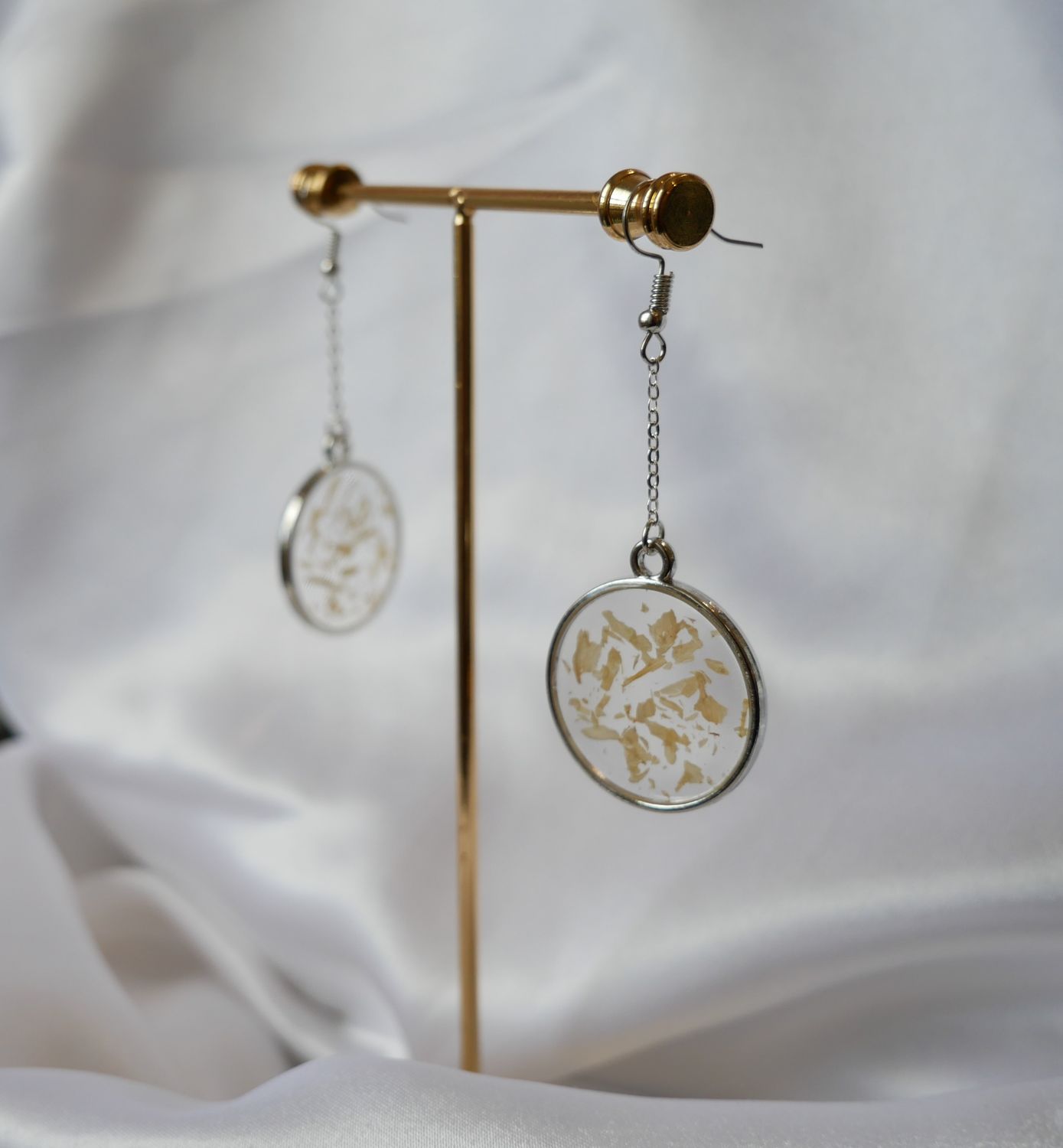 Golden Bloom Drops | Yellow Flower Resin Earrings | Sophora Japonica Dangle | Circle Silver Boho Jewelry | Handmade Botanical Gift for Her