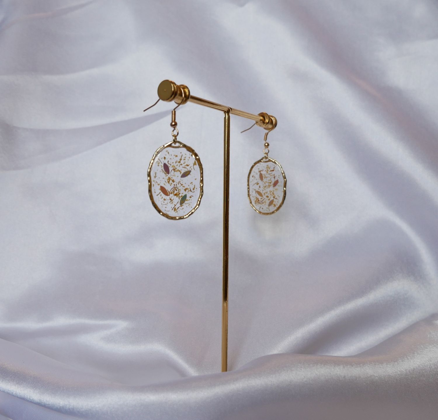 Sunlit Gleam Earrings | Crushed Yellow Flower Gold Dangles | Iridescent Resin Jewelry | Gold Alloy Boho Earrings | Handmade Radiance Gift for Her