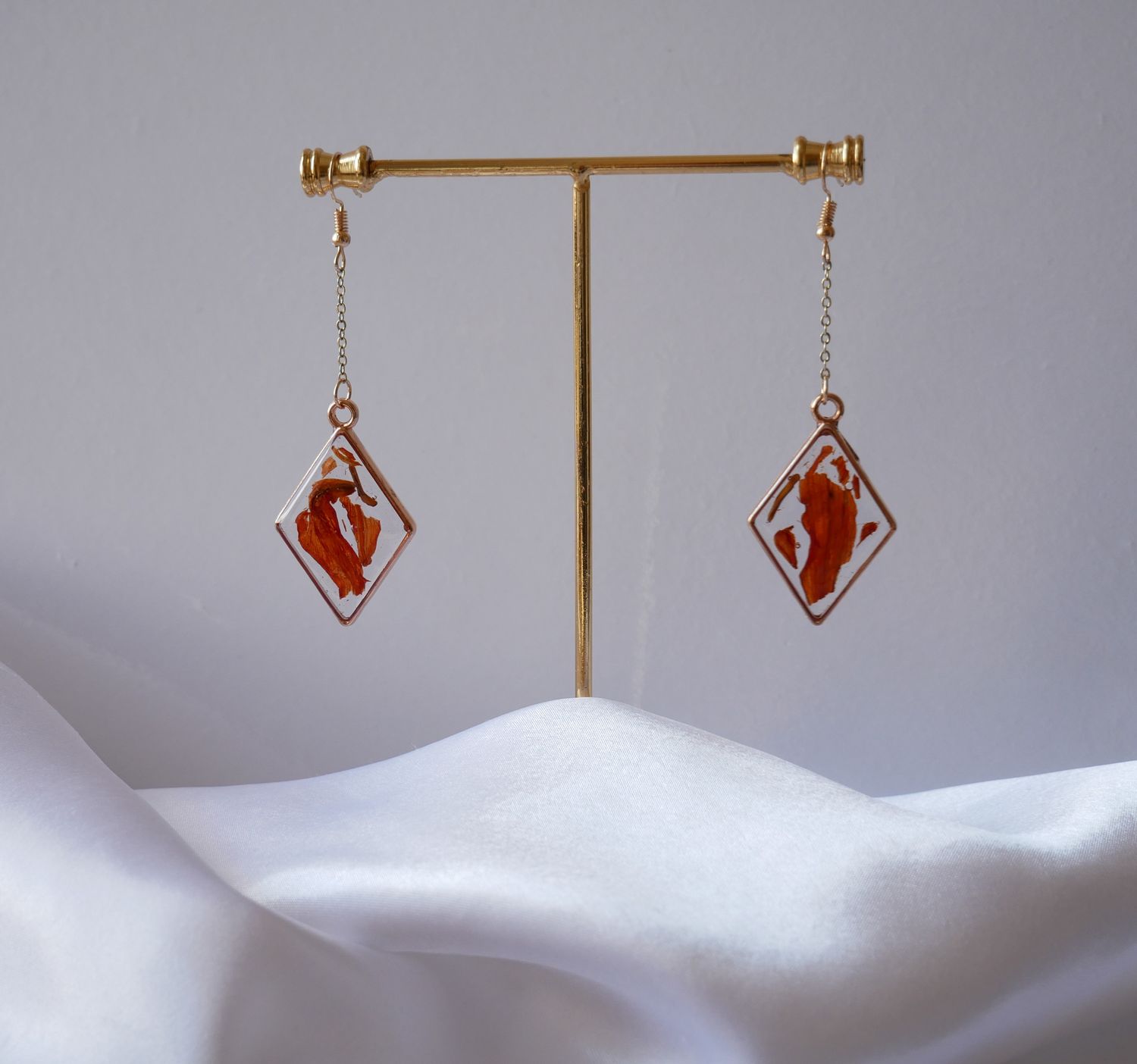 Sun-Kissed Ember Earrings – Real Dried Orange Petals in Diamond Rose Gold Resin Frame