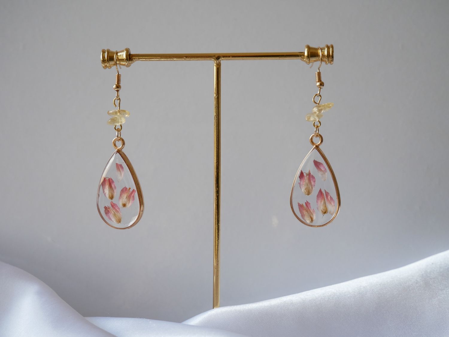 Golden Bloom Earrings – Real Red Plum Petals &amp; Citrine Crystals in Gold Oval Resin Frame