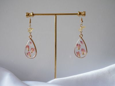 Golden Bloom Earrings – Real Red Plum Petals &amp; Citrine Crystals in Gold Oval Resin Frame