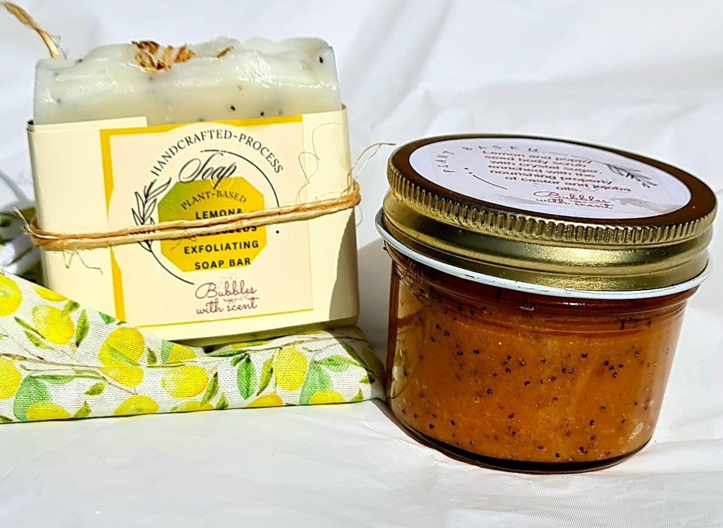 Handcrafted Lemon Exfoliating Soap and Sugar Scrub Set in Reusable Cotton Bag – Vegan, Plant-Based Skincare Bundle Featuring Natural Ingredients and Eco-Friendly Packaging by Bubbles with Scent.
