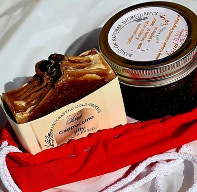 Handcrafted Coffee Soap and Sugar Scrub Bundle with Reusable Cotton Bag – Featuring a Cold Process Cappuccino Soap Bar and Unscented Coffee Grounds Sugar Scrub. Natural, Vegan, and Eco-Friendly Skincare Set.