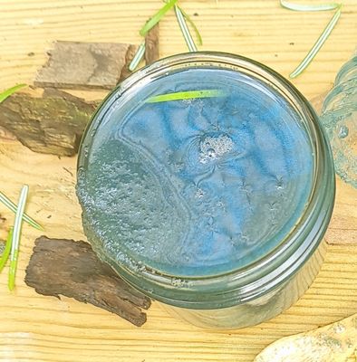 Top view of a jar filled with blue Cedarwood Sugar Scrub, surrounded by small wooden pieces and green leaves on a wooden surface.