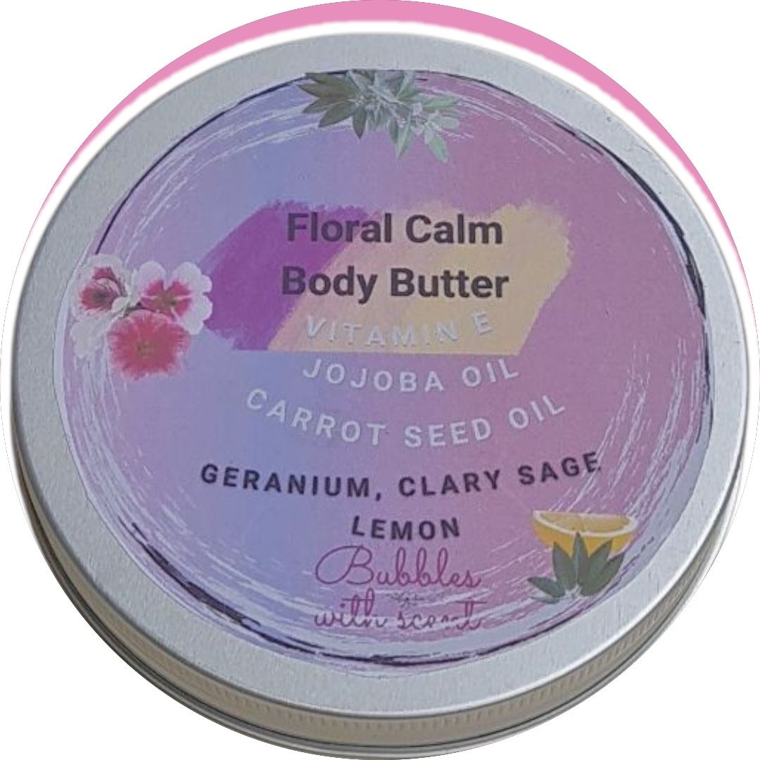 Floral Calm Body Butter by Bubbles with Scent – tin with purple and pastel label featuring jojoba oil, carrot seed oil, vitamin E, geranium, clary sage, and lemon
