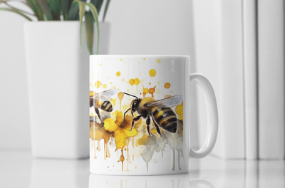 White ceramic Artistic Honeybee Coffee Mug with yellow and black honeybee design.