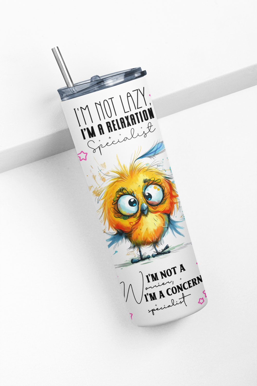 Motivational Bird Tumbler, 20 oz, Funny Quote Design with Cute Owl Art, White