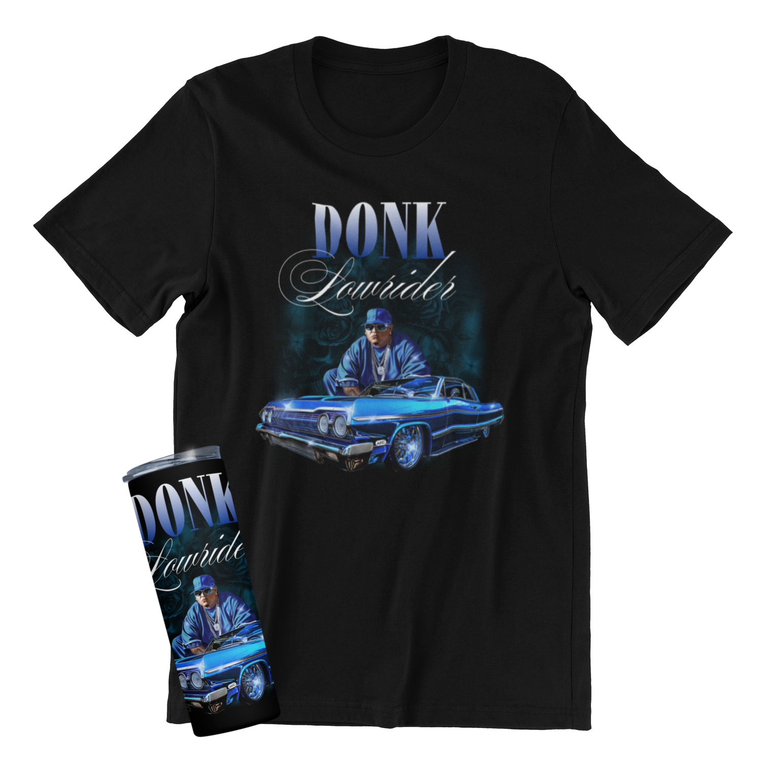 Donk Classic Car T-Shirt, Black, Custom Blue Design T-shirt or Tumbler