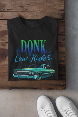 Black Donk Low Rider Classic Car Graphic T-Shirt with turquoise print on black.
