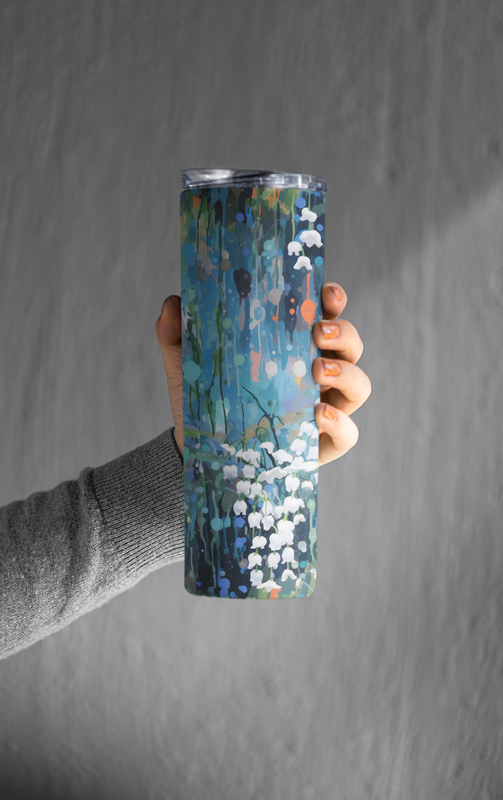 Stainless Steel Skinny Tumbler 20 oz Double-Wall Insulated with Abstract Floral Design.