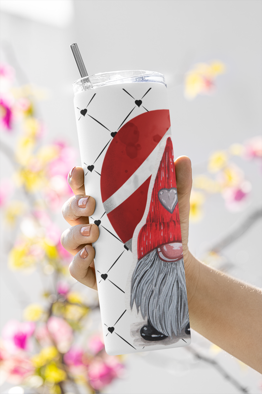 Valentine Gnome Stainless Steel Tumbler, 20 oz, Love Design with Heart Pattern