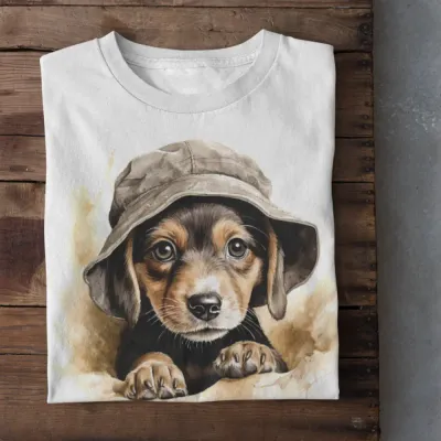 Beagle Dog Art T-Shirt - White Cotton with Unique Bucket Hat Design