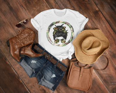 Camouflage Print Messy Bun T-Shirt - Military Style Graphic Tee