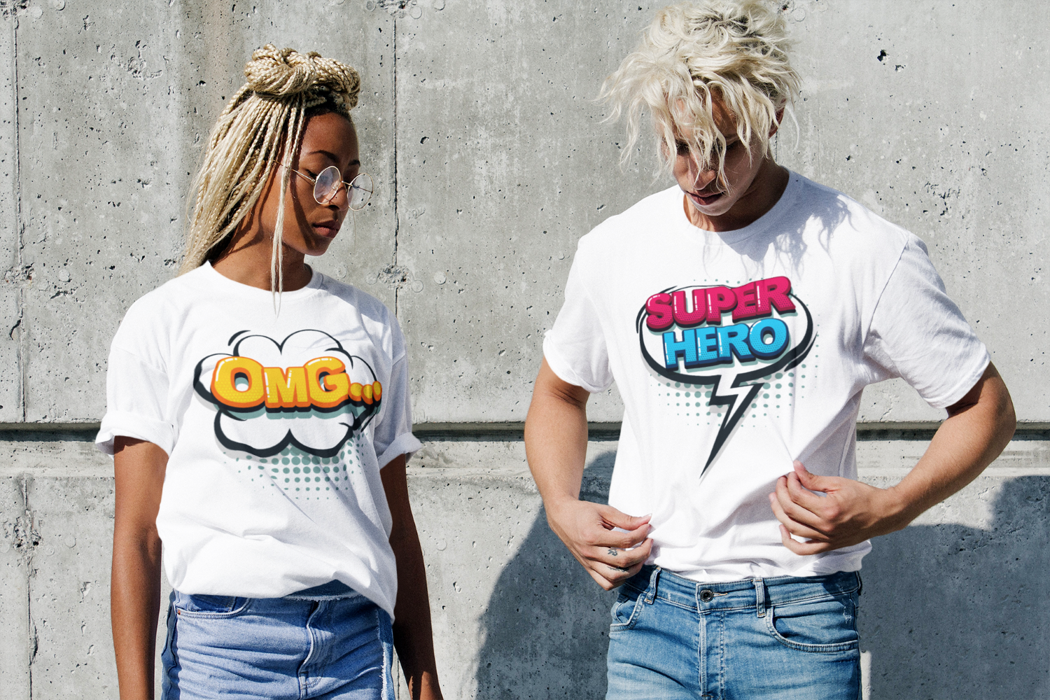 Comic Style Graphic T-Shirts, Pop Art Speech Bubble Design, White Cotton, Superhero Collection