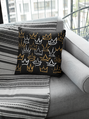 Decorative Crown Pattern Throw Pillow, Black with Gold and White Design, Modern Royal Home Decor