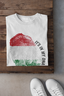 Hungarian Flag Fingerprint DNA T-Shirt, White Cotton, Patriotic Design