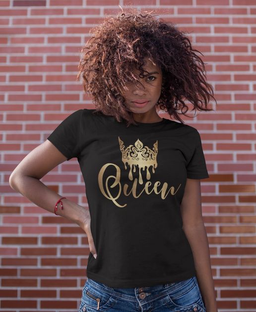 Queen Crown T-Shirt, Black with Gold Design, Casual Short Sleeve Unisex Top