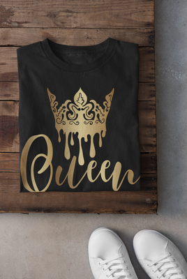 Queen Crown T-Shirt, Black with Gold Design, Casual Short Sleeve Unisex Top