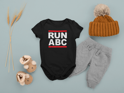 RUN ABC Baby Bodysuit, Size 6M, White or Black Cotton Onesie with Graphic Print