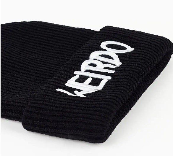Weirdo Black Knit Beanie, Ribbed Winter Hat with Embroidered Text