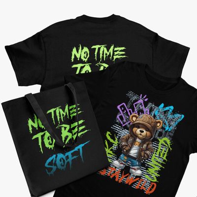 AKC No Time to Be Soft T-Shirt and Tote Bag Set, Urban Streetwear Collection, Black with Neon Graphics