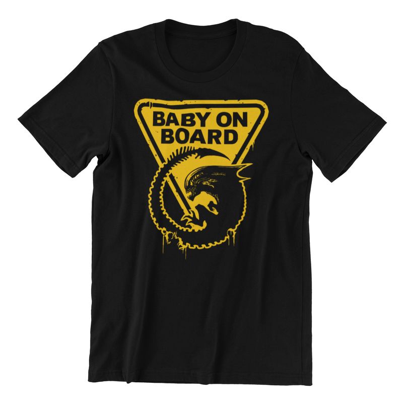 Baby on Board T-Shirt, Funny Alien Design, Black with Yellow Print, Adult Unisex